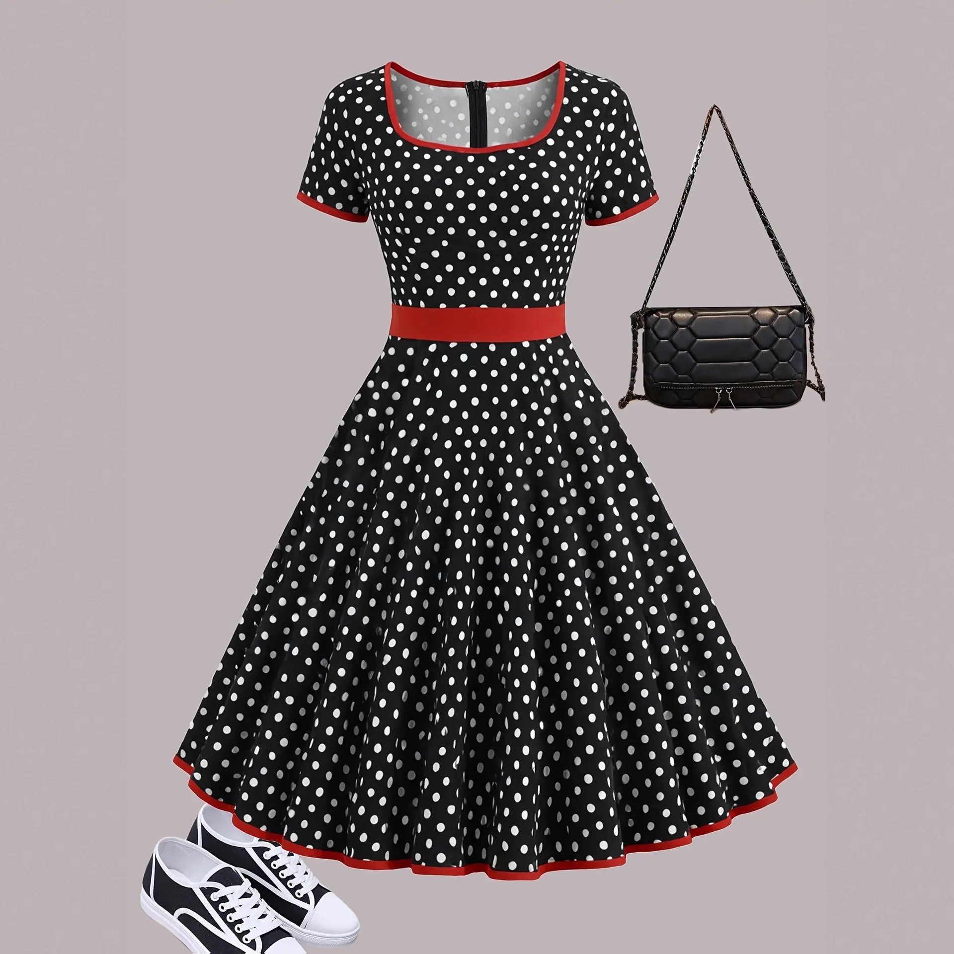 Elegant Style Square Collar Short Sleeve Polka Dot Zipper Pleated Dress - Multicolor - View 1