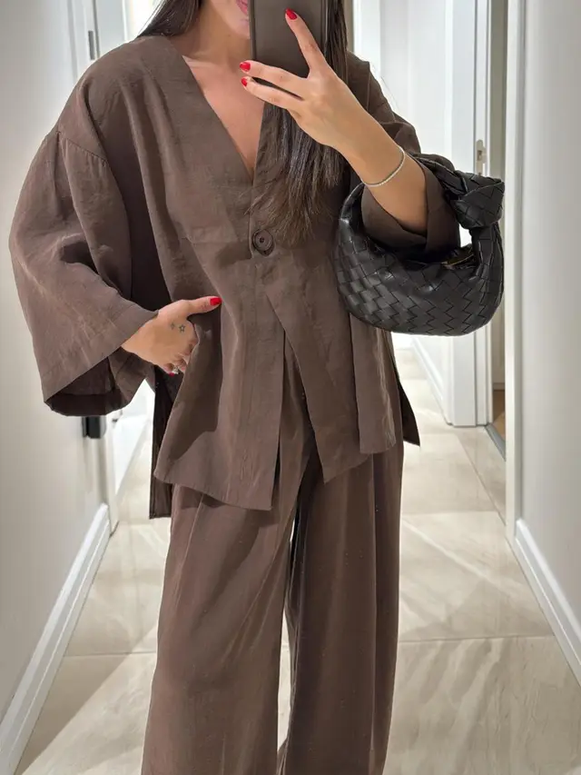 Women's Solid Color Casual Fashion Cardigan Top And Trousers Brown - Shop at LoveMi