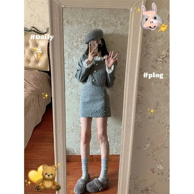Lace Stitching Short Coat Autumn And Winter New Sheath Skirt Two piece Set Gray - Shop at LoveMi