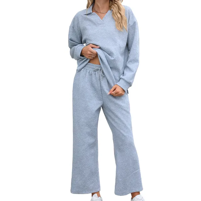 New Solid Color Lapel Long Sleeve Sweater Elastic Waist Pants Suit Gray - Shop at LoveMi