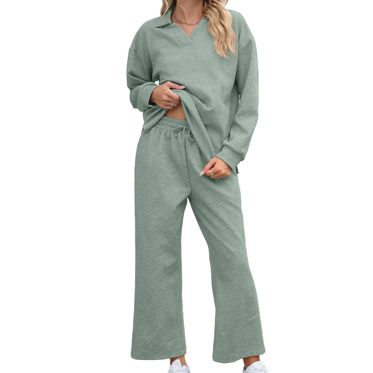 New Solid Color Lapel Long Sleeve Sweater Elastic Waist Pants Suit - Green
