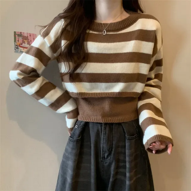 Fashion Striped Sweater Long sleeved Top Caramel Color Matching - Shop at LoveMi
