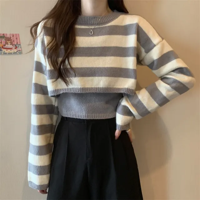 Fashion Striped Sweater Long sleeved Top Gray Color Blocking - Shop at LoveMi