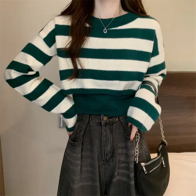 Fashion Striped Sweater Long sleeved Top Green Color Matching - Shop at LoveMi