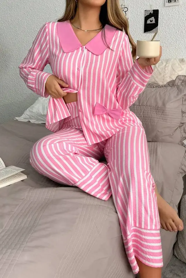 Stripe Buttoned Front Long Sleeve Top And Pants Sleepwear Pink - Shop at LoveMi