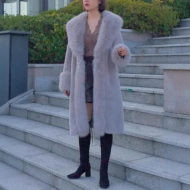 Women's Thick Faux Rabbit Fur Thick Mid length Leather Fur Coat Gray - Shop at LoveMi
