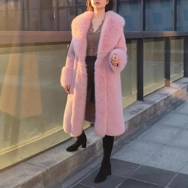 Women's Thick Faux Rabbit Fur Thick Mid length Leather Fur Coat Pink - Shop at LoveMi