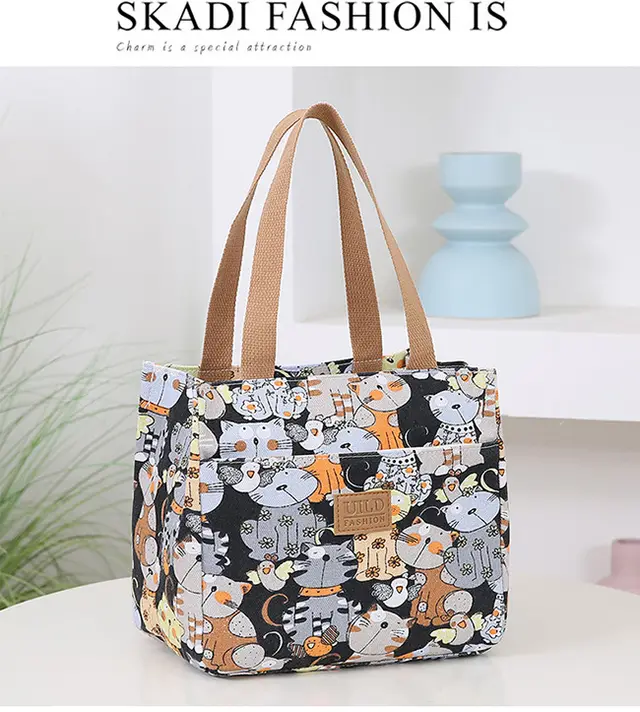 Women's Portable Printed Canvas Bag Thickened And Large capacity Aluminum Handbag 002 Black Cat - Shop at LoveMi