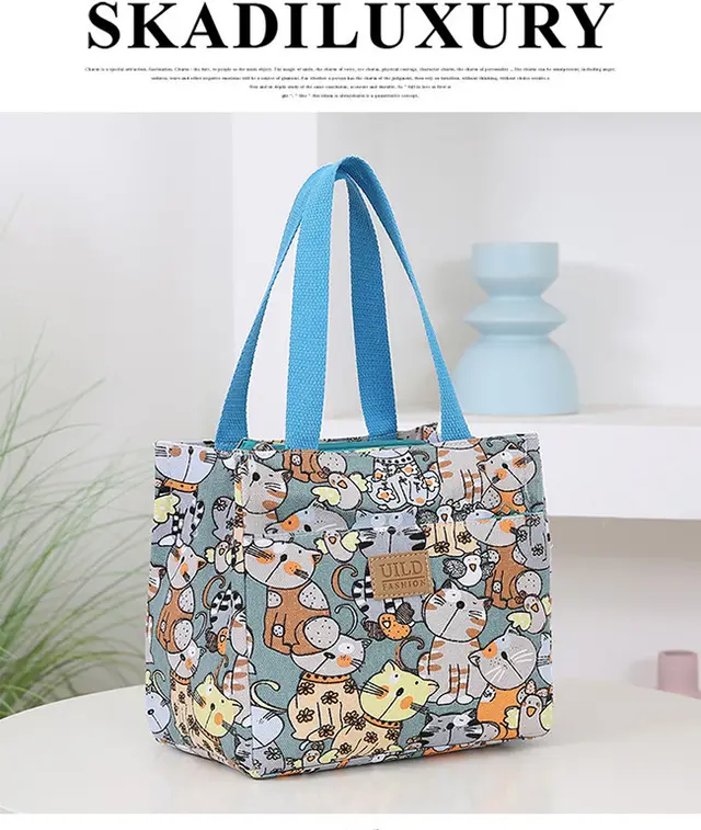 Women's Portable Printed Canvas Bag Thickened And Large capacity Aluminum Handbag 002 Blue Cat - Shop at LoveMi