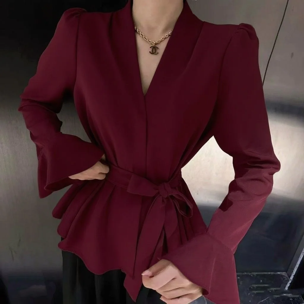 Women's French-style Irregular Collar Long Sleeve Tied Shirt - Wine Red