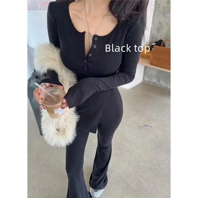 Women's Solid Color Casual Top And Trousers Black Top - Shop at LoveMi