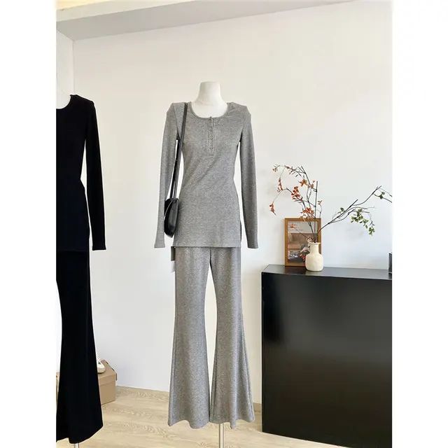 Women's Solid Color Casual Top And Trousers Gray Suit - Shop at LoveMi
