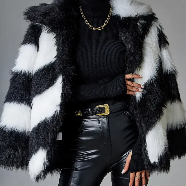 Lapel Contrast Color Minimalist Trendy Fur Coat - Shop at LoveMi