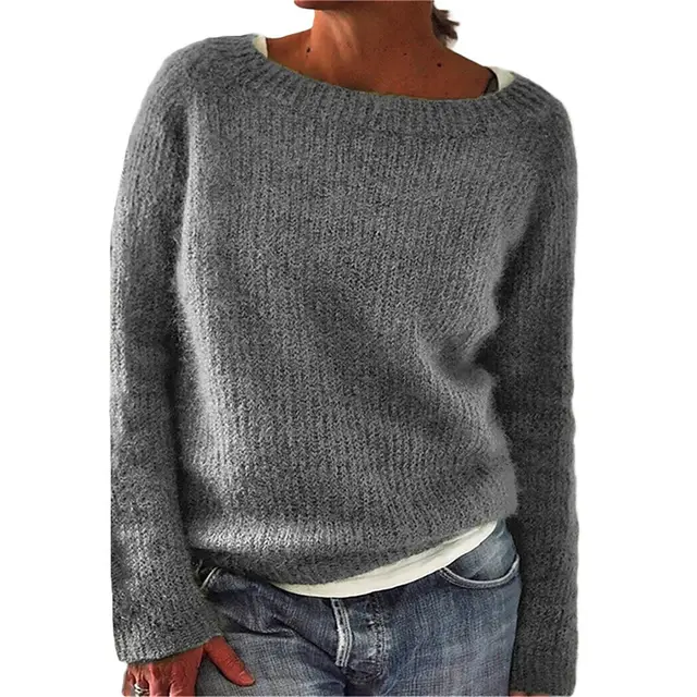 Women's Sweater Solid Color Static Version Basic Style Round Neck Gray - Shop at LoveMi