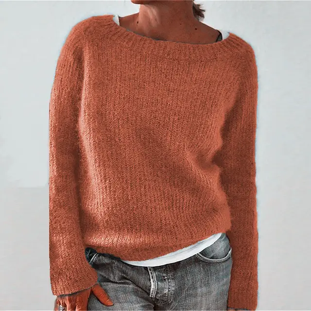 Women's Sweater Solid Color Static Version Basic Style Round Neck Orange Red - Shop at LoveMi