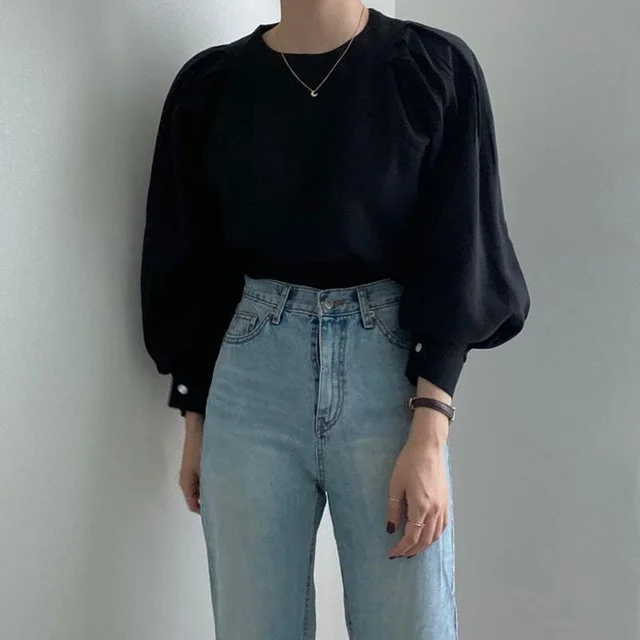 Women's Solid Color French Simplicity Round Neck Puff Sleeve Shirt - Black