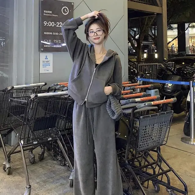 Women's Loose Slimming And Fashionable Sweater Casual Two piece Suit Dark Gray Suit - Shop at LoveMi