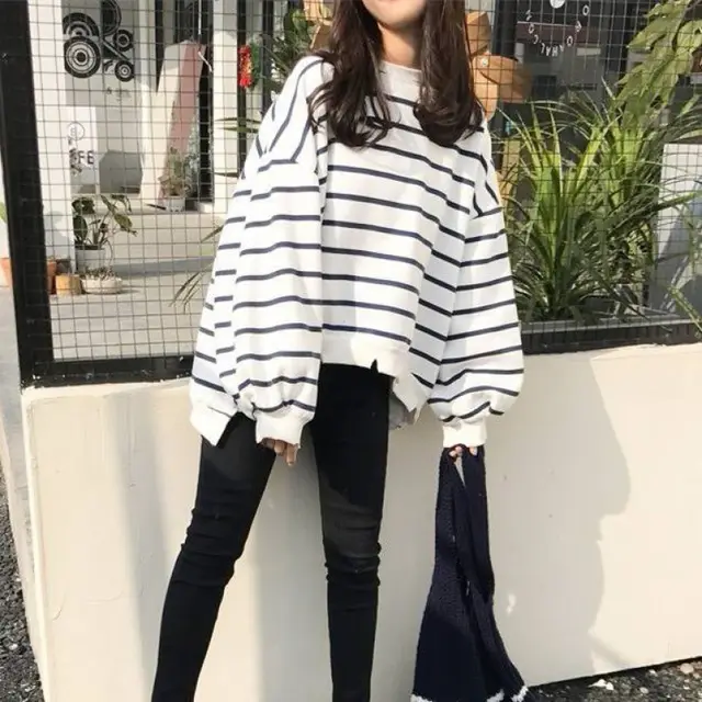 Women's Loose Autumn And Winter Thermal Bottoming Shirt Striped T shirt White - Shop at LoveMi
