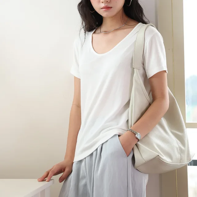 New Spring And Summer Tencel Bottoming Shirt Women Lyocell Goose Egg Collar Linen T shirt Skin friendly Figure Flattering Short Sleeve Top Crysta... Crystal White - Shop at LoveMi