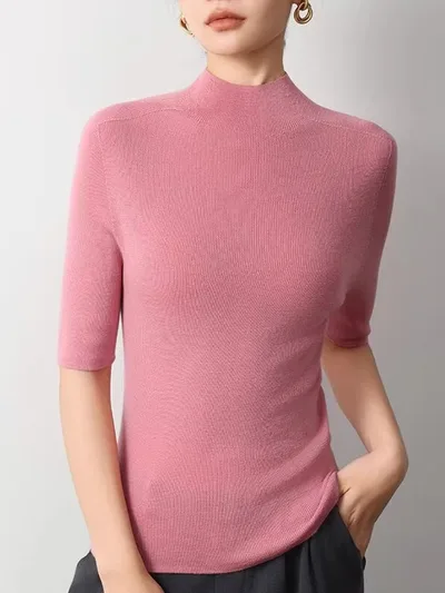Half Turtleneck Bottoming Top High grade Half Sleeve Sweater Pink - Shop at LoveMi