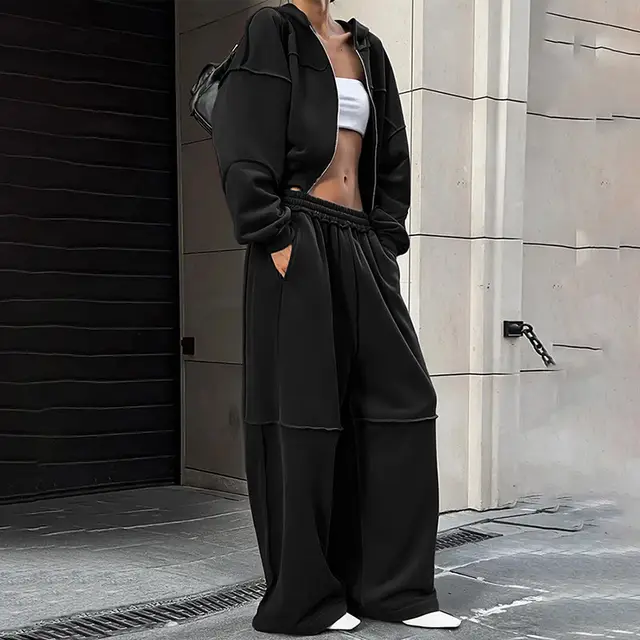 Long Sleeve Zipper Coat Casual Loose Trousers Suit Women Black - Shop at LoveMi