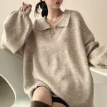 Idle Style Loose Mid-length Pullover Sweater Velvet Polo Collar Sweater - Oatmeal Color