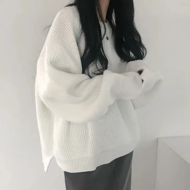 Slit Hemline At Hem Loose Sweater Round Neck Pullover Top Women White - Shop at LoveMi