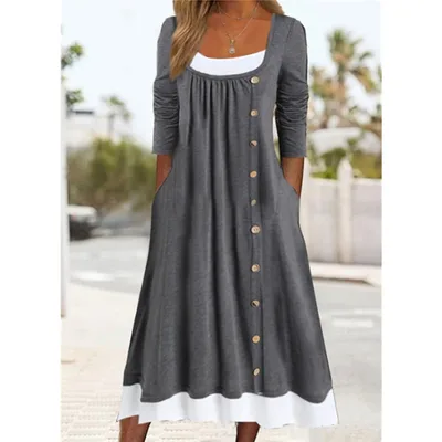 Personality Solid Color Button Dress Women Gray - Shop at LoveMi