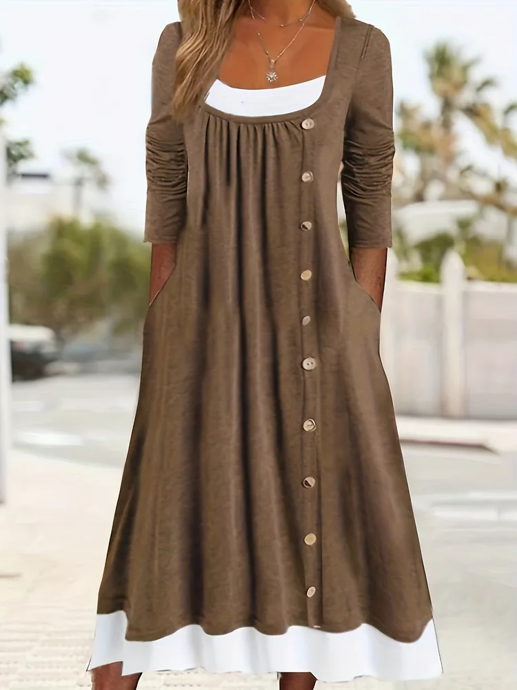 Personality Solid Color Button Dress Women Khaki - Shop at LoveMi