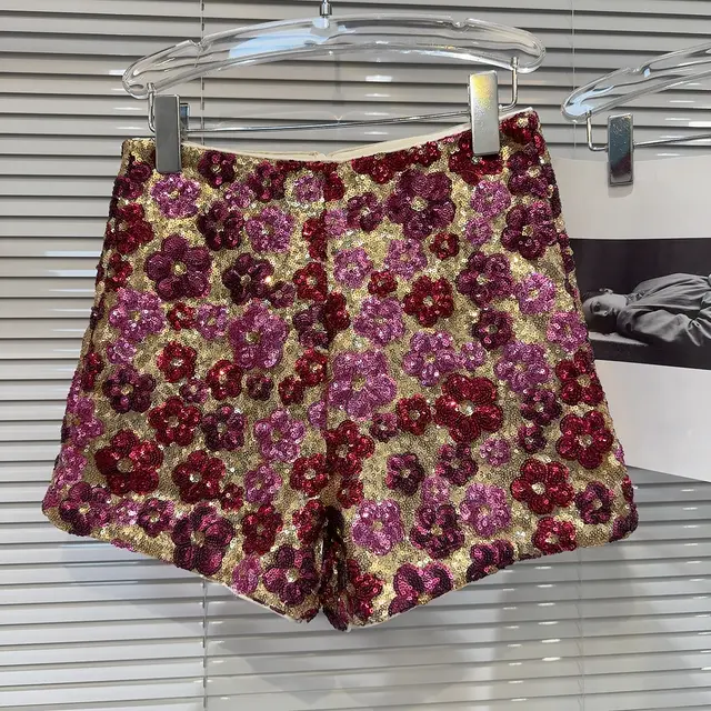 New Personalized Sequin Flower Shorts For Women Rose Red - Shop at LoveMi