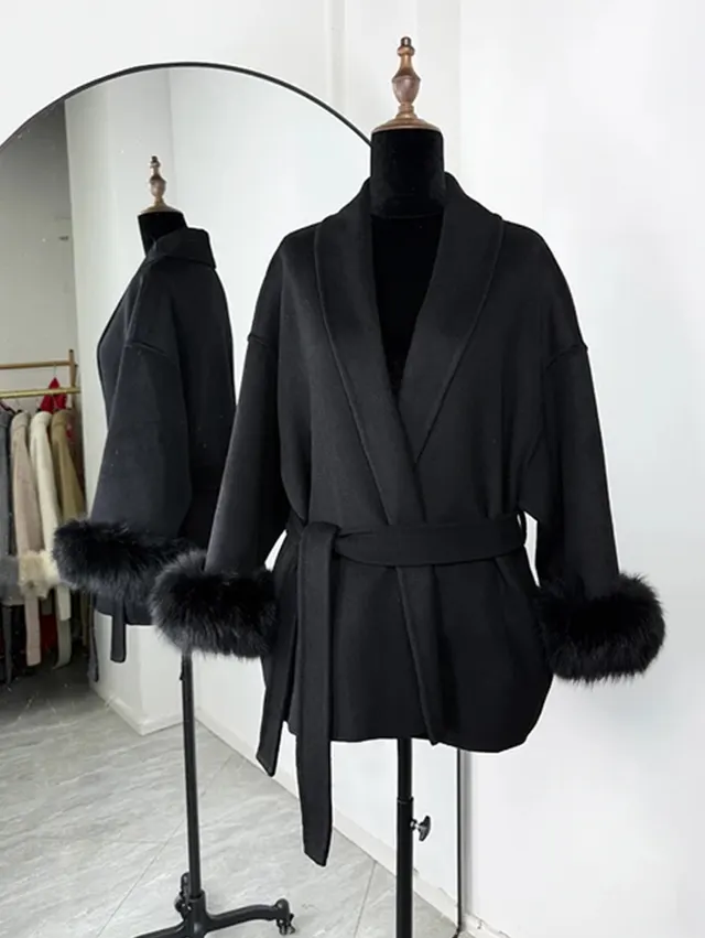 Fur V neck Lace up French Woolen Coat Black - Shop at LoveMi
