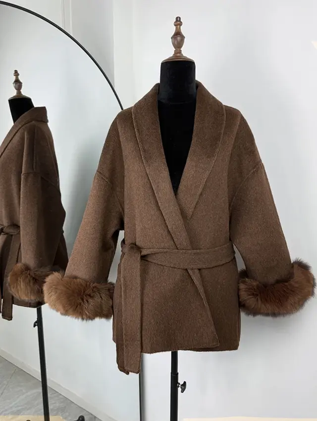 Fur V neck Lace up French Woolen Coat Camel - Shop at LoveMi