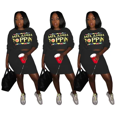 Solid Color Letter Printing Skirt With Zipper Suit Black - Shop at LoveMi