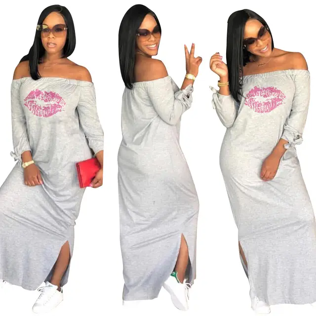 Lip Printings Split On Both Sides Dress Gray Grey - Shop at LoveMi
