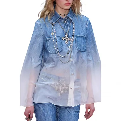 Women's Gradient Printing Shirt Bell Sleeve Chiffon Suit Blue - Shop at LoveMi