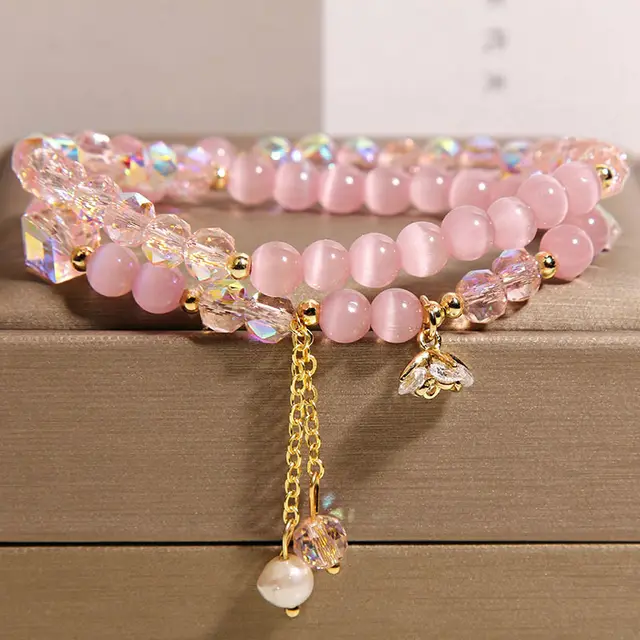 New Opal Double Ring Bracelet Female Light Luxury Minority High Sense Pink Crystal - Shop at LoveMi