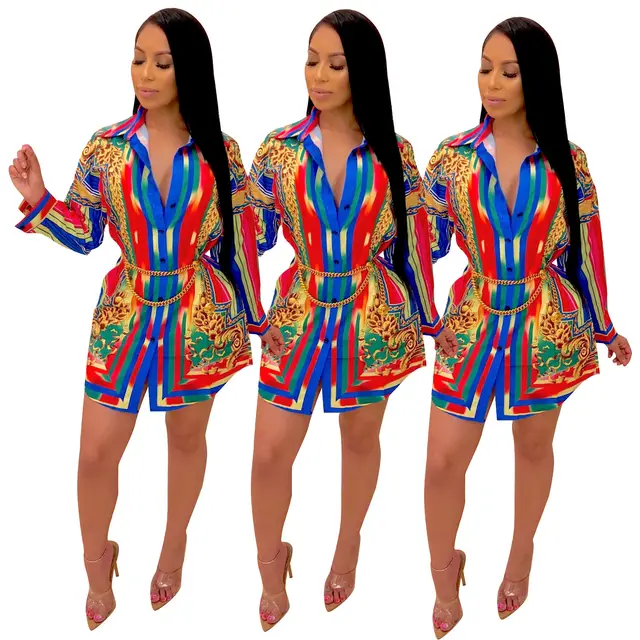 Color Striped Long Sleeve Shirt Dress Blue - Shop at LoveMi