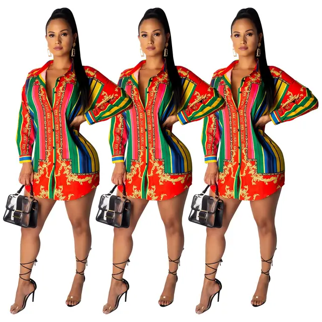 Color Striped Long Sleeve Shirt Dress Red - Shop at LoveMi