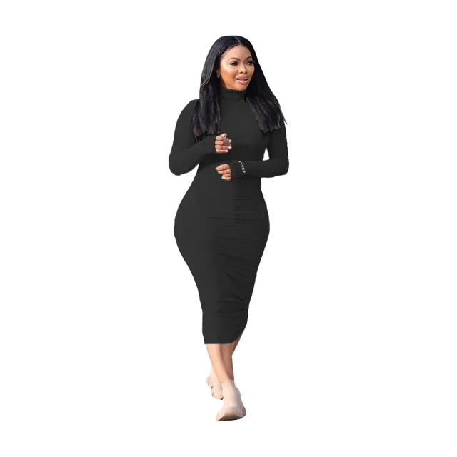 Casual Fashion Sunken Stripe Solid Color Letter Embroidery Long Sleeve Dress Black - Shop at LoveMi