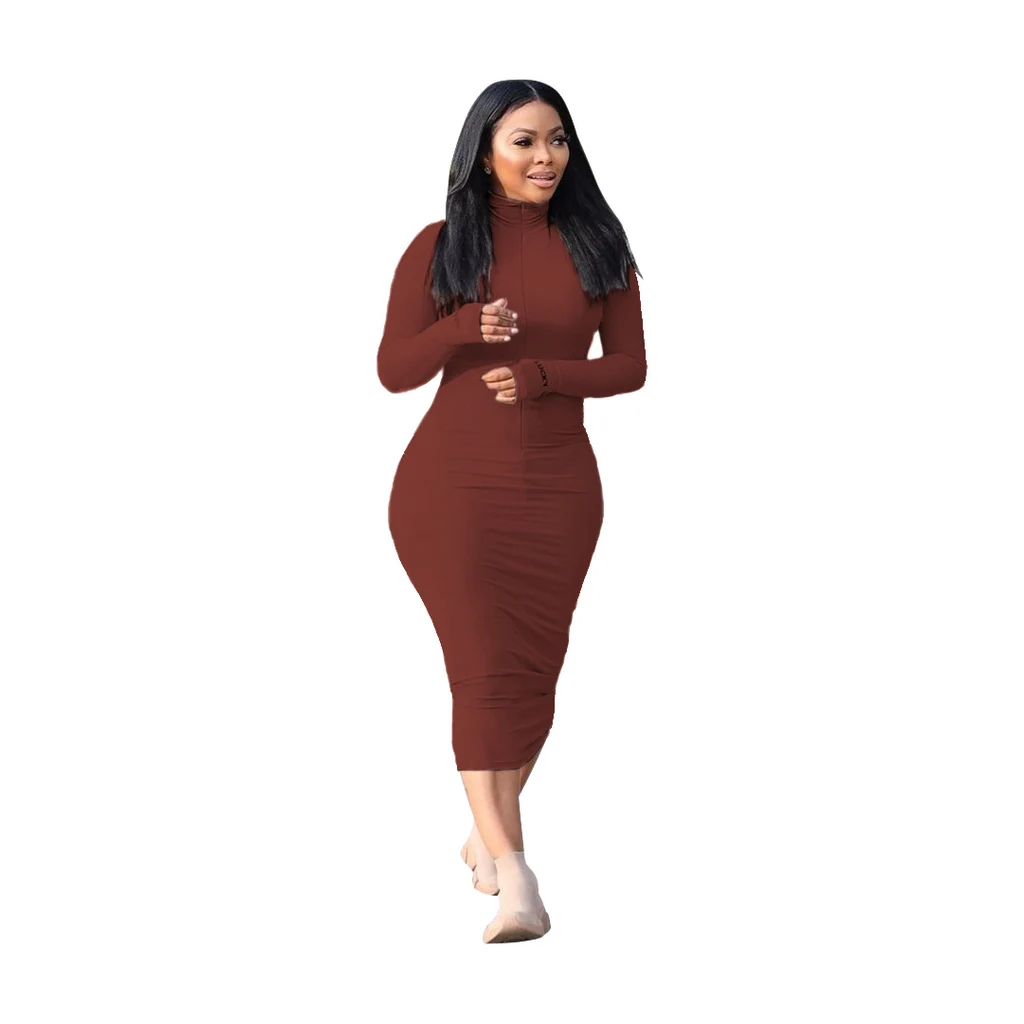 Casual Fashion Sunken Stripe Solid Color Letter Embroidery Long Sleeve Dress - Brown