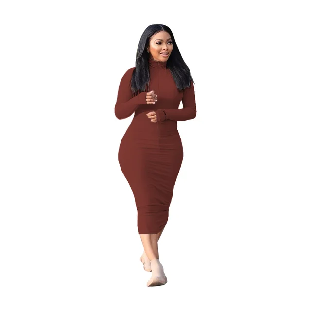 Casual Fashion Sunken Stripe Solid Color Letter Embroidery Long Sleeve Dress Brown - Shop at LoveMi
