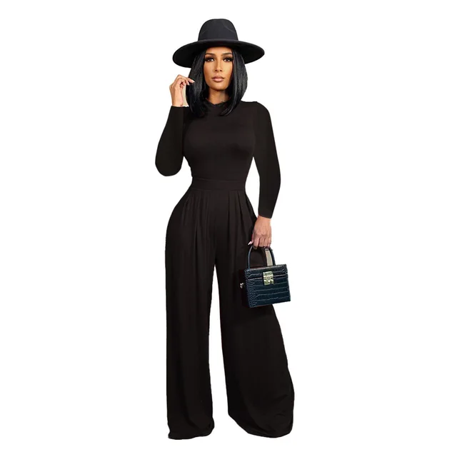 Fashion Solid Color Long sleeved Wide leg Jumpsuit Black - Shop at LoveMi