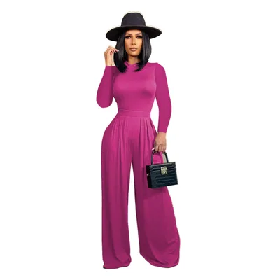 Fashion Solid Color Long sleeved Wide leg Jumpsuit Rose Red - Shop at LoveMi