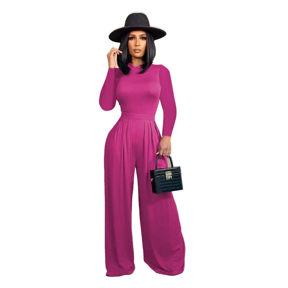 Fashion Solid Color Long sleeved Wide leg Jumpsuit Rose Red - Shop at LoveMi