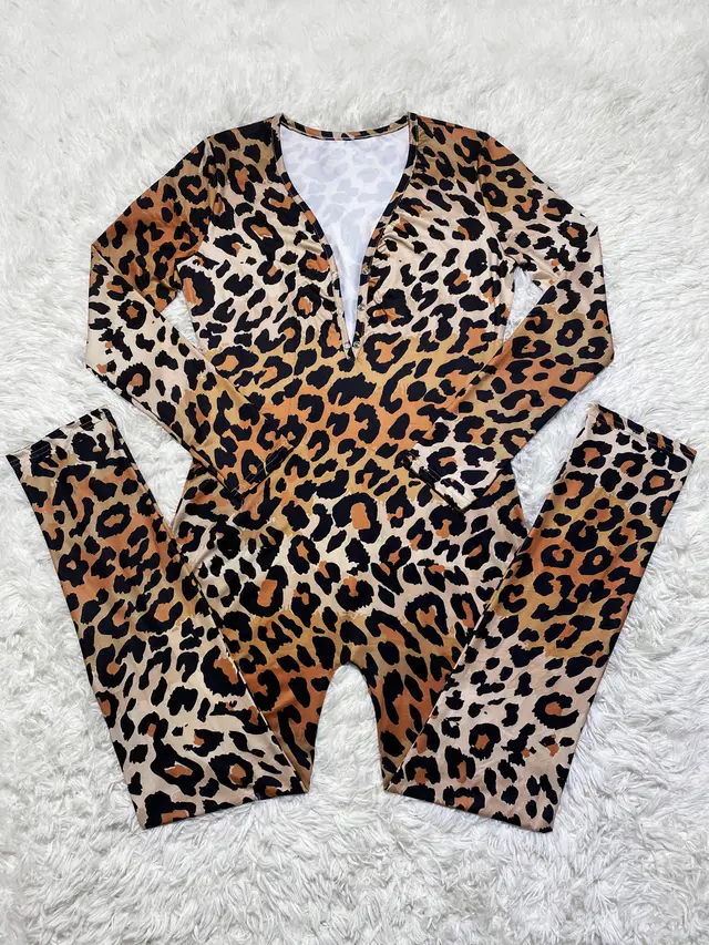 Casual Leopard Print Printed Long sleeved Trousers Home Jumpsuit Leopard Print - Shop at LoveMi