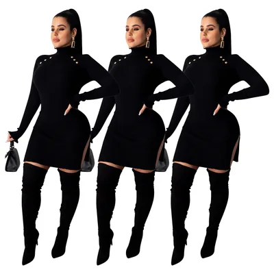 Casual Fashion Solid Color Rib Fabric Cloth Turtleneck Micro Flare Sleeve Dress Black - Shop at LoveMi