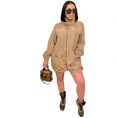 Casual Fashion Women Loose Long Sleeve Zipper Dress Khaki - Shop at LoveMi