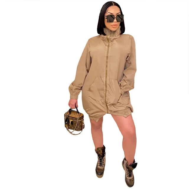 Casual Fashion Women Loose Long Sleeve Zipper Dress Khaki - Shop at LoveMi