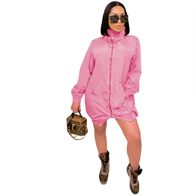 Casual Fashion Women Loose Long Sleeve Zipper Dress Pink - Shop at LoveMi