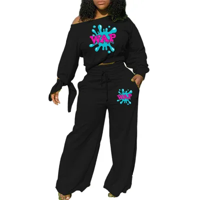 Casual Solid Color Printing Long sleeved Knotted Wide leg Pants Two piece Suit Black - Shop at LoveMi